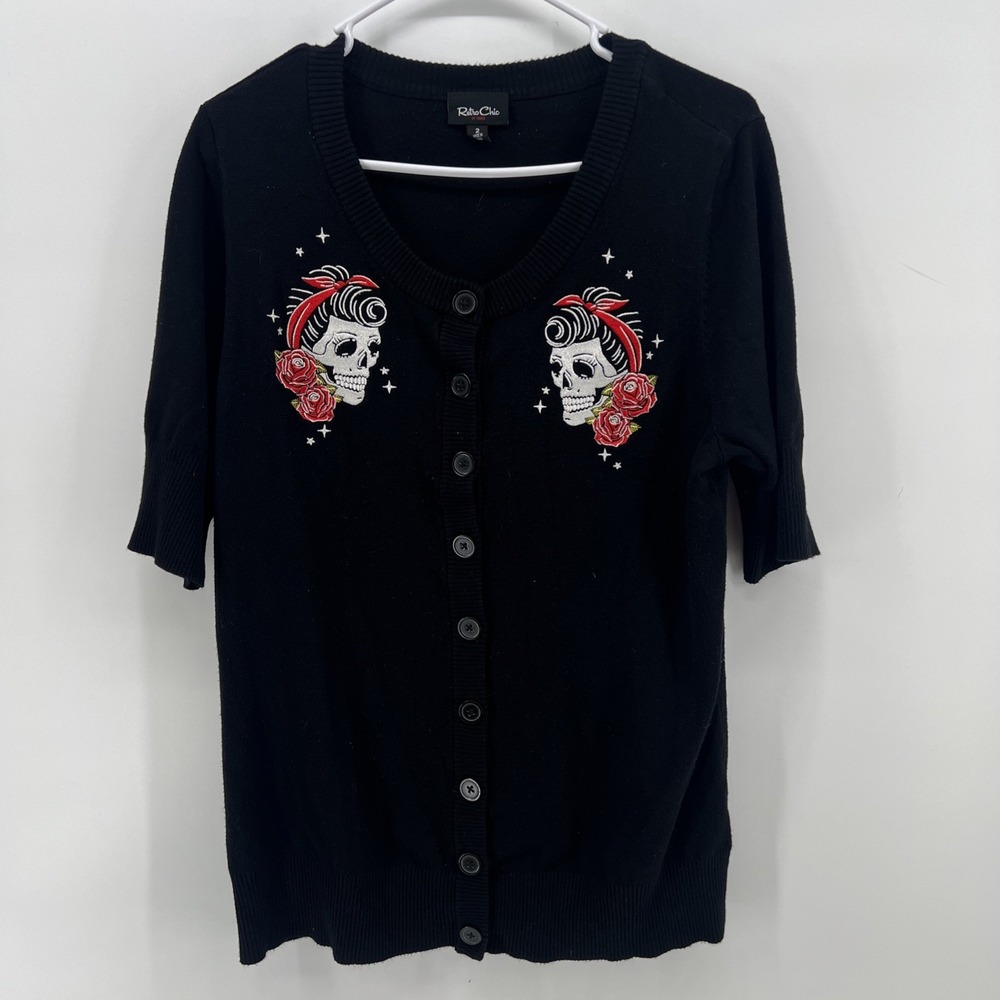 Retro Chic Torrid Embroidered Rockabilly Pinup Skull Sweater Cardigan Size 2 2XL